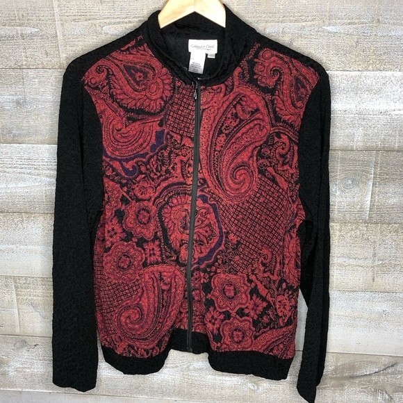 Coldwater Creek large red black paisley print zip up light jacket large - Picture 1 of 4